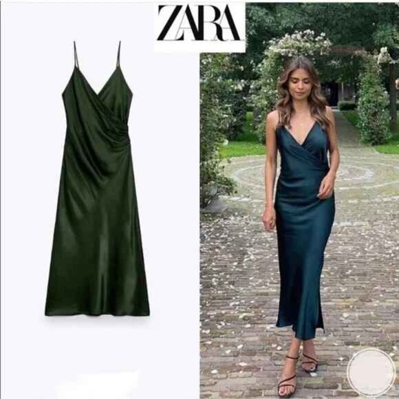 EUC Zara Satin Effect Midi Slip Green Draped Dress Size S Bloggers Favorite - Picture 2 of 5